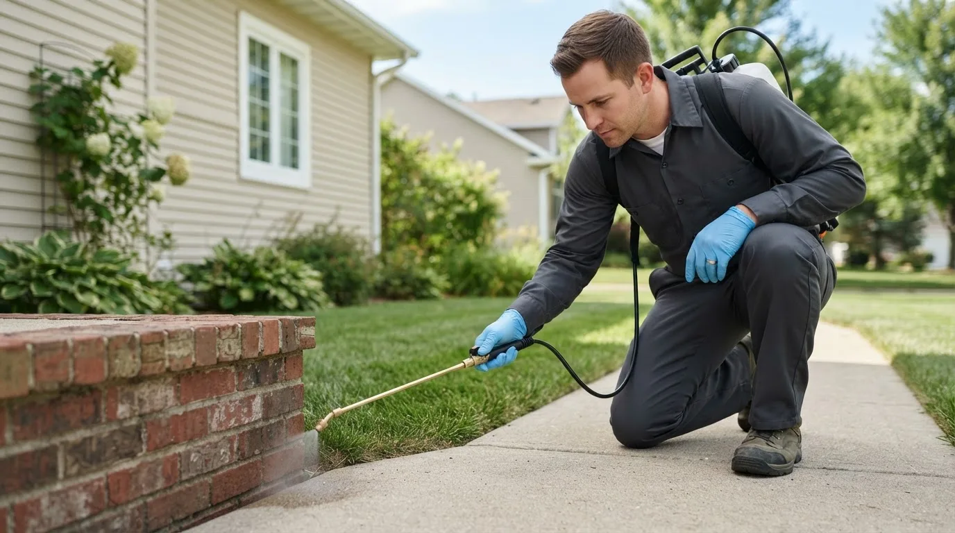 Pest control technician treating a home near Center Conway, NH
